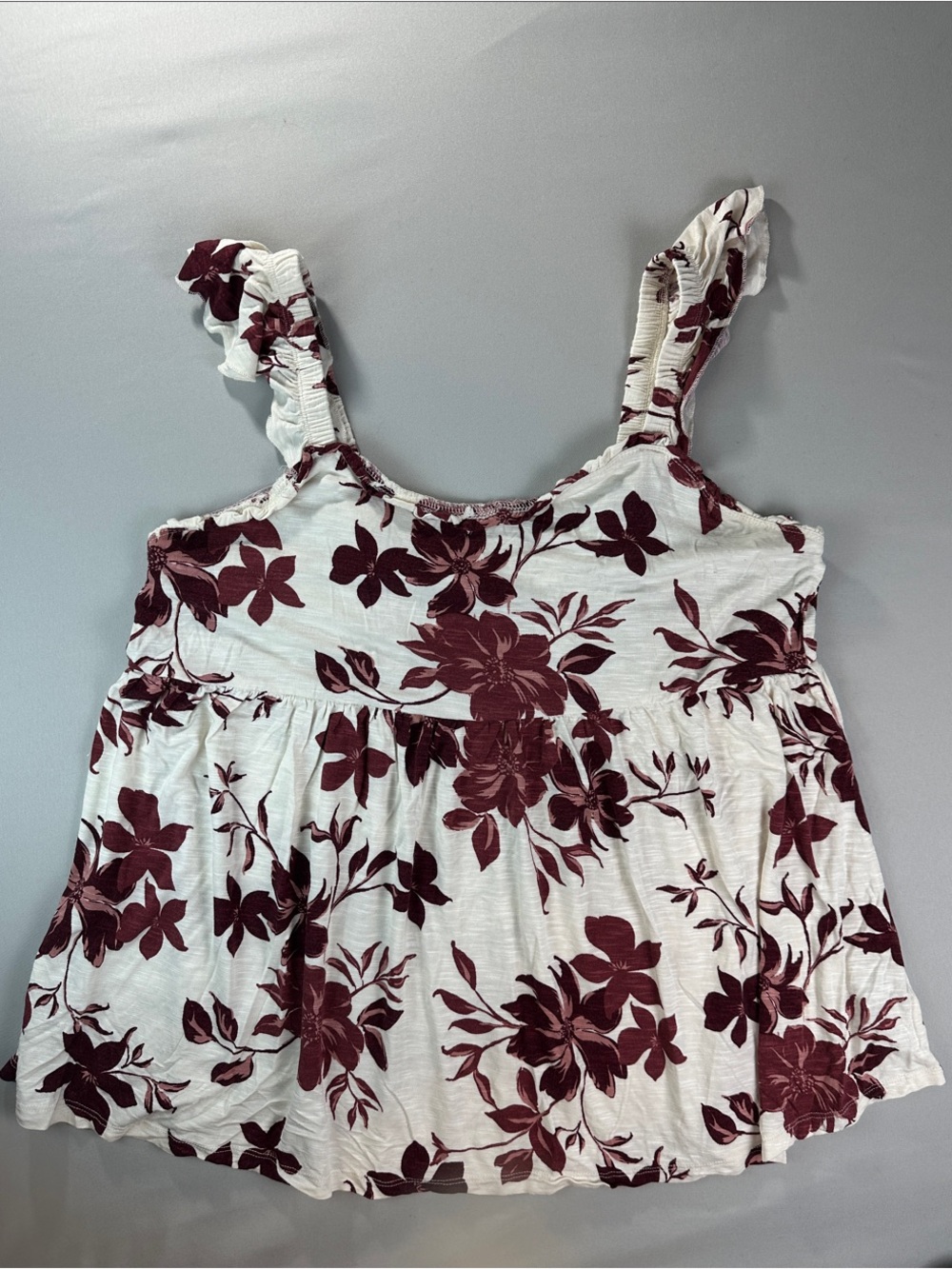 torrid White Tank Top Size 2 Burgundy Floral Print Ruffle Straps